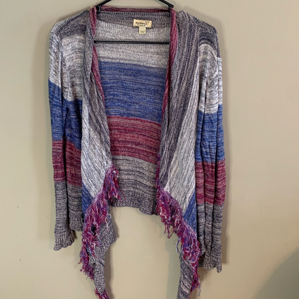 ONE WORLD Gray and Blue Waterfall Cardigan with Fringe
